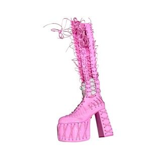 New Dolls Kill / Club Exx Pink Rude Awakening Thigh High Boots size 6 no box